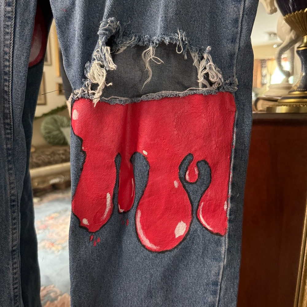 Red Paint Drip and Embroidered Straight Relaxed Fit Jeans - Picture 2 of 10